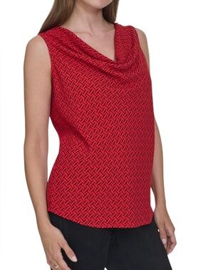 Halston Red Black Geometric Printed Cowl Neck Sleeveless Top Blouse NEW Small